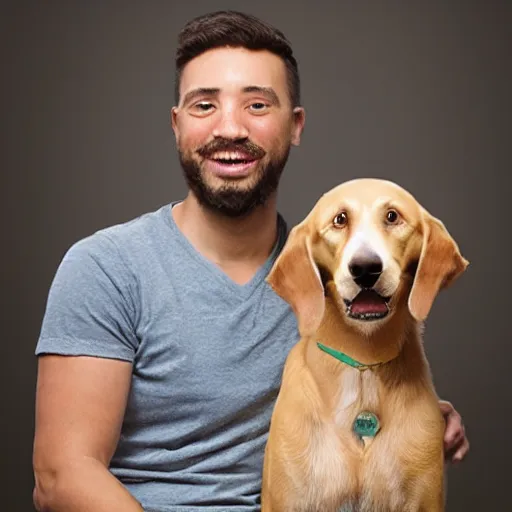 Prompt: studio portrait of a person with their pet dog that looks exactly like them, 8 k, ultra realistic