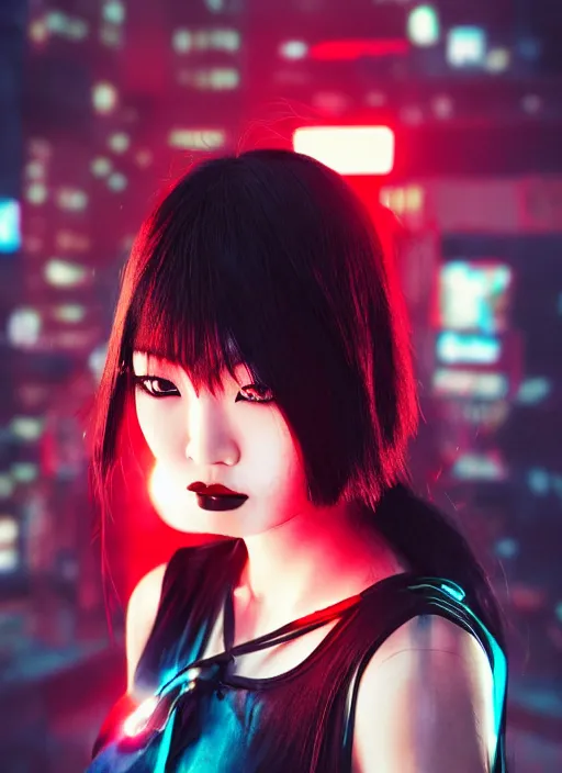 Image similar to asian goth in shinjuku, dark dress, cyberpunk, fashion, biomech, red and turquoise lights, black - red - turquoise - lips, conceptart, highlights, symmetrical, portrait, pretty face, octane, unreal, realism