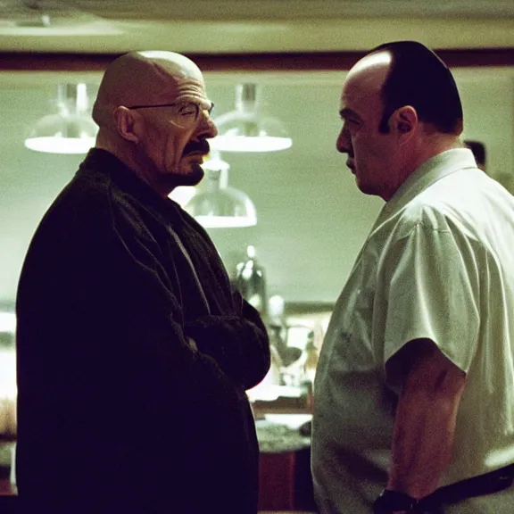 Image similar to Still of Walter White in The Sopranos at the Bada Bing talking with Tony Soprano, dark lighting