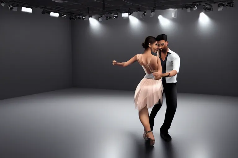 Prompt: still photo of bachata dancing, highly detailed, photorealistic portrait, bright studio setting, studio lighting, crisp quality and light reflections, unreal engine 5 quality render