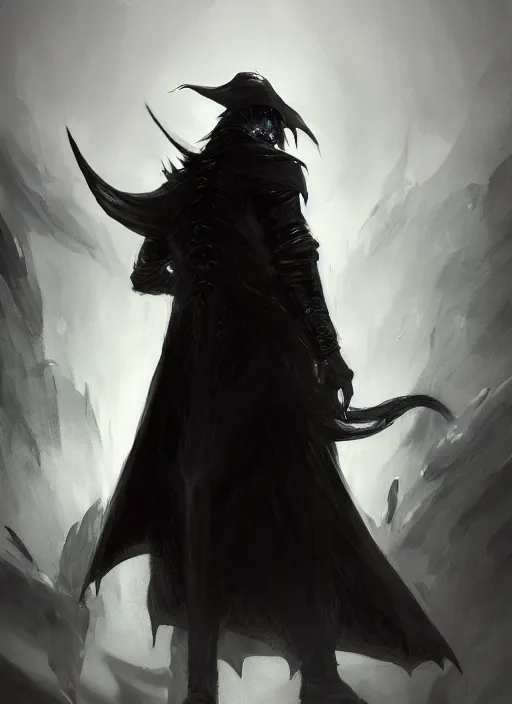 Image similar to A concept art of a human in a long black coat, black smoke aura, half-beast, half-man, evil look, demon hunter hat. In style of Hyung-tae Kim, Greg Rutkowski and Larry Elmore, concept art, trending on ArtStation, Korean MMORPG, over-detailed art, 8K, epic, dynamic lightning, dynamic pose, half body portrait.