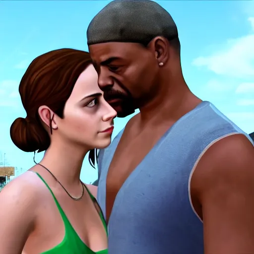 Image similar to emma watson kissing with carl johnson from gta san andreas in cinematic 4k