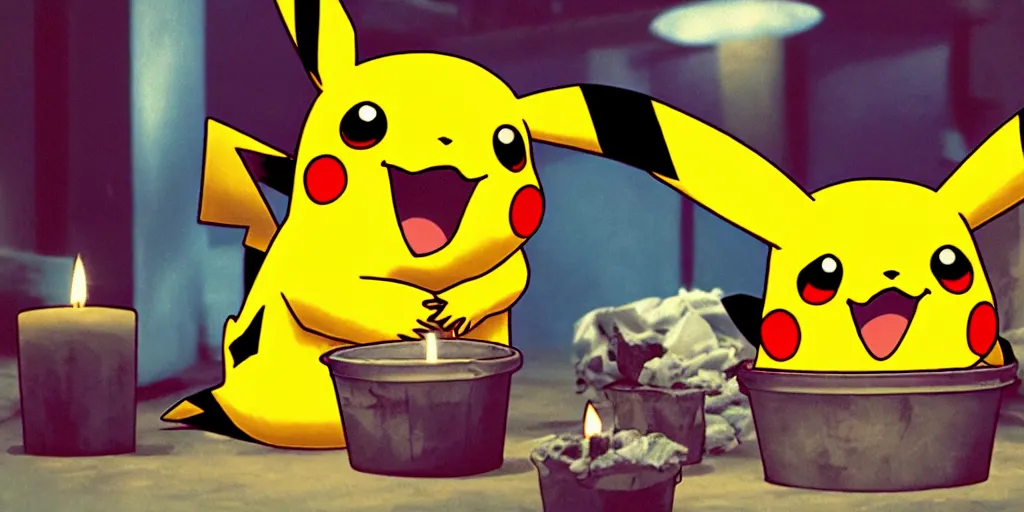 Image similar to pikachu devouring a dog sharp teeth burtal eyes scary mouth dark room red candles trash bin