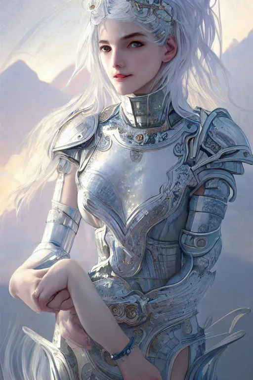 Image similar to portrait white hair knights of zodiac girl, sliver ice color reflected armor, in ruined agora of athens sunrise, ssci - fi and fantasy, intricate and very very beautiful and elegant, highly detailed, digital painting, artstation, concept art, smooth and sharp focus, illustration, art by tian zi and wlop and alphonse mucha