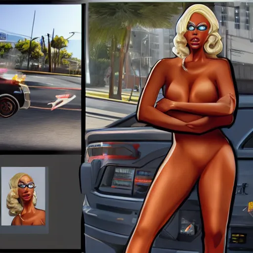 Prompt: rupaul in gta v, cover art by stephen bliss, artstation, no text