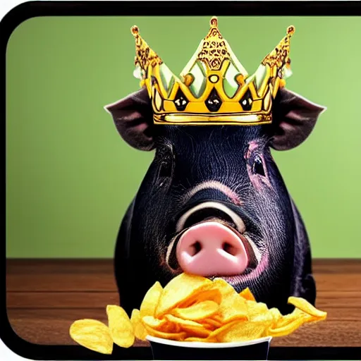 Prompt: photo realistic pig eating a bowl of chips wearing a king crown, realistic, award winning, cinematic