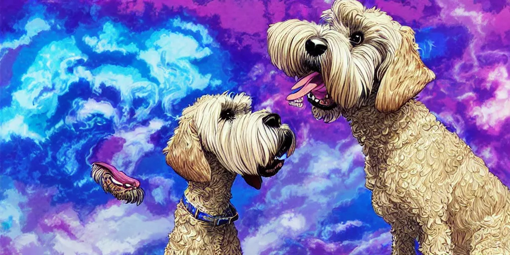 Prompt: digital artwork of george the wheaten terrier dog biting mad in an argument with olivia the human, blue, sad, top quality, emotionally expressive, iridescent material colour palette, masterpiece by yoshitaka amano by yukito kishiro by artgerm