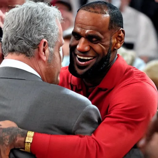 Prompt: photograph of lebron james hugging Jeffrey Epstein