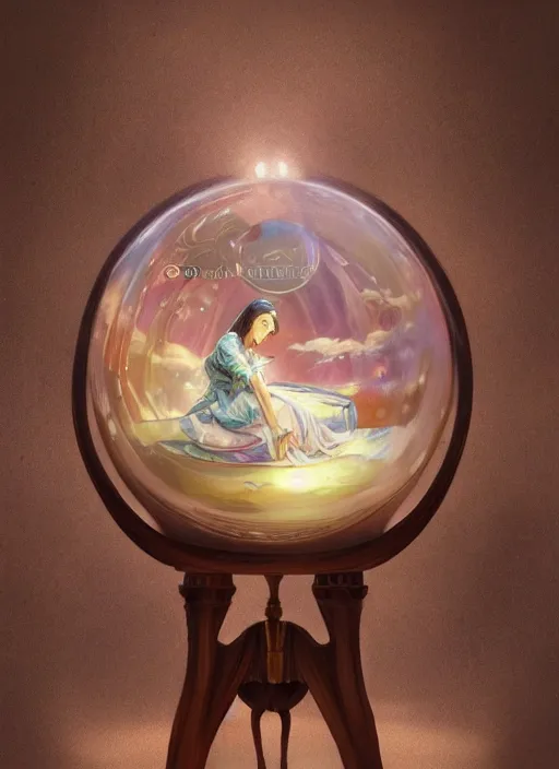 Image similar to crystal ball on a wood stand with a beautiful dreamscape inside, studio product photography, centered, super highly detailed, professional digital painting, artstation, concept art, smooth, sharp focus, extreme illustration, unreal engine 5, photorealism, beautiful, cinematic, art by artgerm and rutkowski and alphonse mucha and loish and wlop