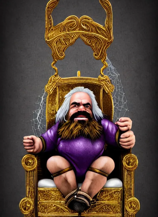 Image similar to dwarf fighter sitting in mechanical chair that has spider legs, gold and purple, exquisite details, black beard, white background, by studio muti