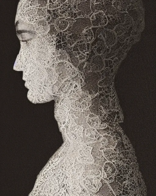 Image similar to a woman's face in profile, made of intricate decorative lace leaves, in the style of the dutch masters and gregory crewdson, dark and moody