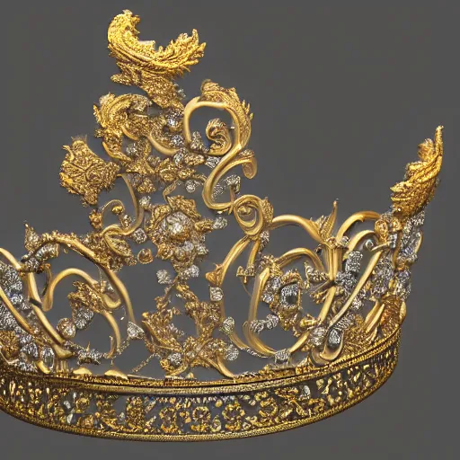 Prompt: Ultra realistic fantasy tiara, intricate detailed, gilded gold and diamonds, sharp focus, octane render, high quality, 8k, volumetric lighting, on black background