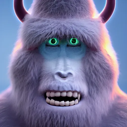 Image similar to yeti, expressive eyes, floating, rbc, radiolaria, protophyta, micro - organisms, center frame, symmetric, rim light, marine microbiology, bioluminescence, electric, fur, soft, concept art, intricate details, highly detailed, colorful, photorealistic, disney pixar, octane render, iridescent, anime