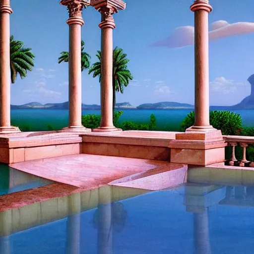 Prompt: David Ligare masterpiece, hyperrealistic surrealism, award winning masterpiece with incredible details, epic stunning, infinity pool, a surreal vaporwave liminal space, highly detailed, trending on ArtStation, broken giant marble head statue ruins, calming, meditative, pink arches, flowing silk sheets, geometric liminal space, palm trees, very vaporwave, very very surreal, sharp details, artgerm and greg rutkowski and alphonse mucha, daily deviation, IAMAG