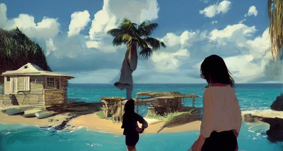 Image similar to a hermit girl standing outside her big seashell home, atmospheric cinematography by syd mead