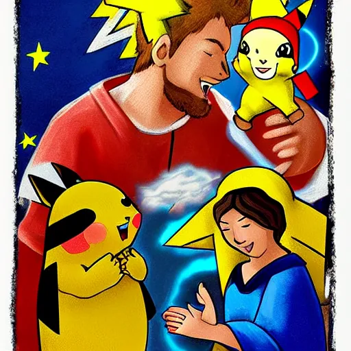 Image similar to digital art, trending on artstation, pikachu firing a thunderbolt at the holy family from barcelona