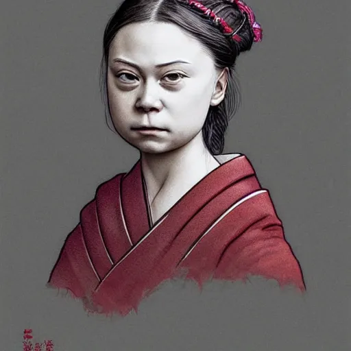 Prompt: detailed portrait of greta thunberg as a geisha, trending on artstation elite, elegant, luxury, by krenz cushart, junji ito, takato yamamoto, perfect face, fine details, realistic shaded, fine - face, pretty face