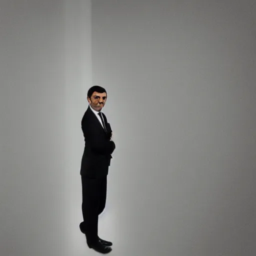 Prompt: mr bean trapped in a white void room