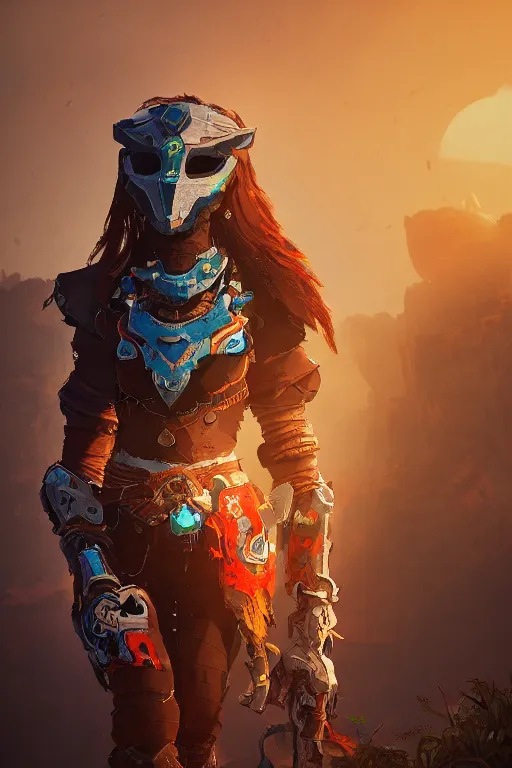 Image similar to combination suit armor aloy horizon forbidden west horizon zero dawn radiating a glowing aura global illumination ray tracing hdr fanart arstation by ian pesty and alena aenami artworks in 4 k tribal robot ninja mask helmet backpack