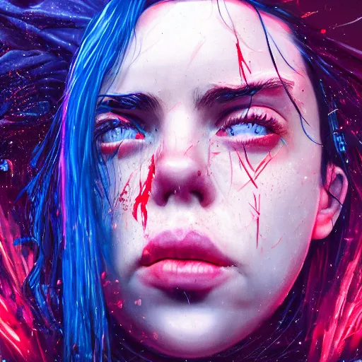 Image similar to Billie Eilish bleeding out of her eyes, cyberpunk, surrounded by smoke, award-winning art, hyperrealistic, by Sam Spratt, by Vlad Rodrig﻿u﻿e﻿z, trending on Artstation, dark, dramatic, cinematic, realistic studio lighting, raytracing, 4k, professional, canon