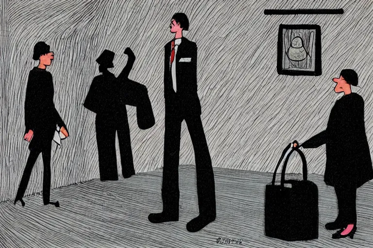 Prompt: tall, security guard checks the bags of a worried looking woman, art, satire