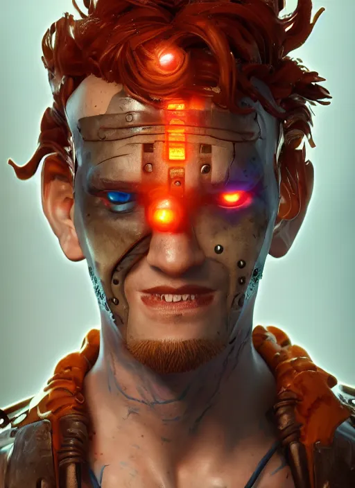 Image similar to glowwave portrait of curly orange hair man from borderlands 3, au naturel, hyper detailed, digital art, trending in artstation, cinematic lighting, studio quality, smooth render, unreal engine 5 rendered, octane rendered, art style by klimt and nixeu and ian sprigger and wlop and krenz cushart.