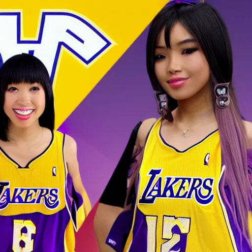 Prompt: yuna from final fantasy x wearing los angeles lakers jersey, final fantasy, lakers