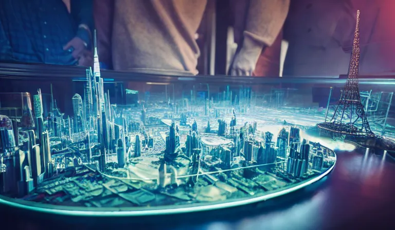 Image similar to crowd of people in large open museum, looking at hologram of futuristic city on a table, cinematic concept art, godrays, golden hour, natural sunlight, 4 k, clear details, tabletop model buildings, center model buildings, hologram center, crane shot, crane shot, crane shot