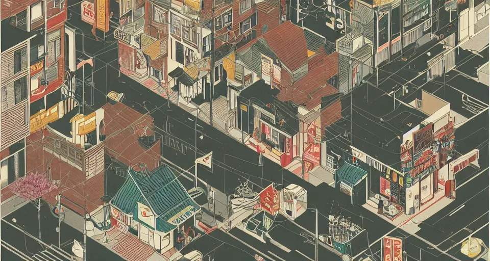 Image similar to isometric view illustration of a japanese street corner, by Victo Ngai