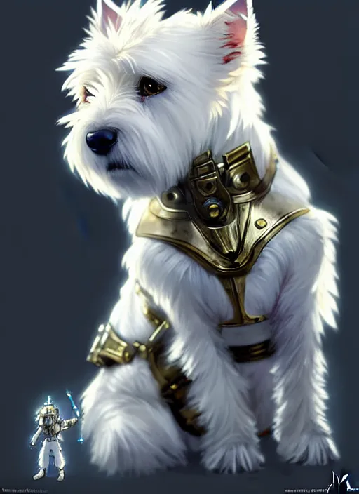 Image similar to a west highland white terrier, anime art style, wearing futuristic, led - lit armor, and a cannon mounted on his back, portrait, high detail, sharp focus, digital painting, artstation, concept art, art by hayao miyazaki and artgerm and greg rutkowski and alphonse mucha.