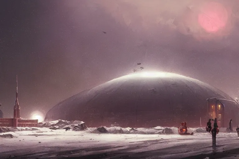 Prompt: a beautiful matte painting of a alien spaceship over the soviet village simon stalenhag and jakub rozalski and alan bean, trending on artstation, realistic rendering