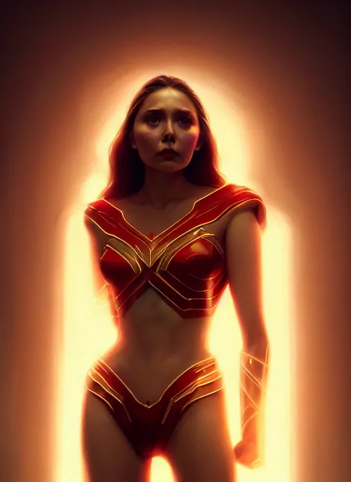 Image similar to portrait of modern darna, elizabeth olsen, intricate, elegant, glowing lights, highly detailed, digital painting, artstation, glamor pose, concept art, smooth, sharp focus, illustration, art by wlop, mars ravelo and greg rutkowski