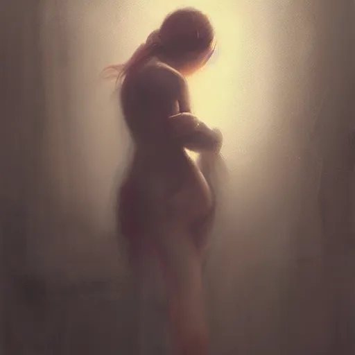 Prompt: “A girl hugging herself in a dark room by Greg Rutkowski, realism, trending on Artstation” n-9