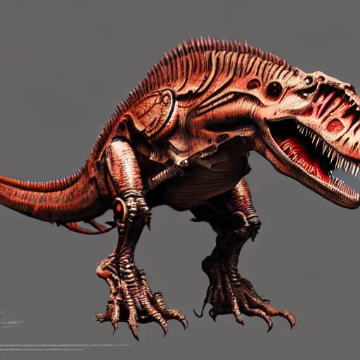 Image similar to detailed concept art of a cyborg t - rex by james gurney in the style of yoshitaka amano, depth of field, unreal engine, 8 k, sharpness, artstation, award - winning realistic sci - fi concept art,
