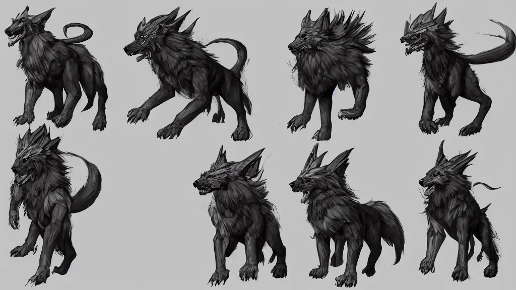 Prompt: a fantasy worg character mount design sheet, trending on artstation