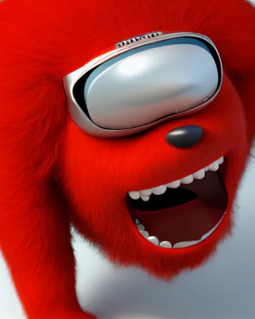 Prompt: 3 d render of completely red hairy friendly antropomorphic creature wearing chrome shades, without nose, grinning, full body, standing on 2 feet, in the style of pixar, white background, unreal engine 5, octane render, highly detailed hdr