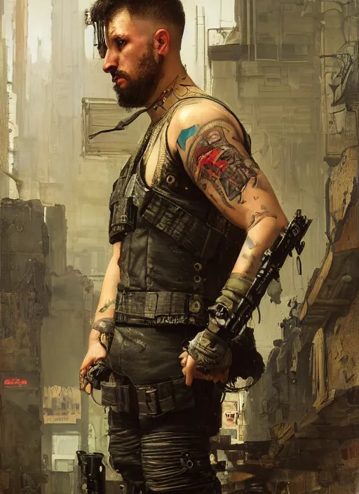 Prompt: clever Anders. cyberpunk mercenary with tattoos wearing a military vest and combat gear. (Cyberpunk 2077, bladerunner 2049). Iranian orientalist portrait by john william waterhouse and Edwin Longsden Long and Theodore Ralli and Nasreddine Dinet, oil on canvas. Cinematic, hyper realism, realistic proportions, dramatic lighting, high detail 4k