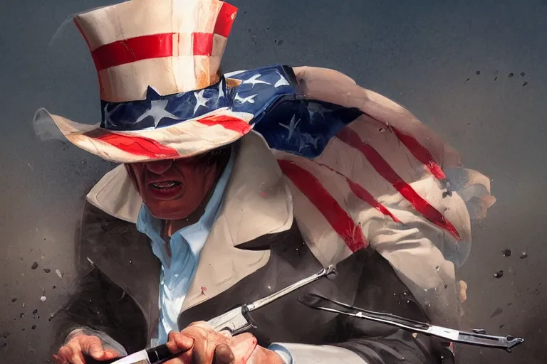 Image similar to uncle sam hitting steven seagal, intricate, elegant, highly detailed, digital painting, artstation, concept art, smooth, sharp focus, illustration, art by greg rutkowski, masterpiece, perfect composition, award - winning photography, cgsociety