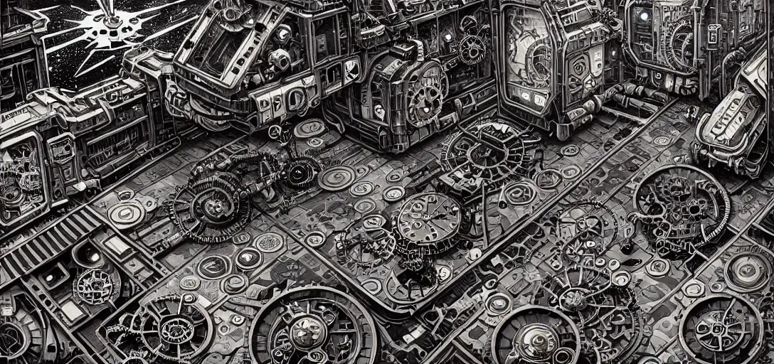 Image similar to steampunk mech tiled floor, one point perspective, high details, line art, by vincent di fate and joe fenton, inking, screen print, masterpiece, trending on artstation, sharp,, hyper - detailed, hd, 4 k, 8 k