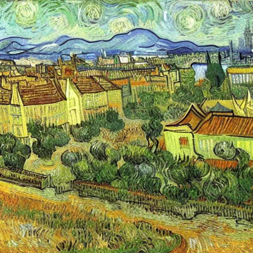 Prompt: a city full of various plants, Vincent Van Gogh,