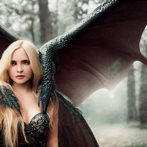 Image similar to very pretty blond female angel with huge dragon wings in a dark forest, perfect symmetrical face, shallow depth of field, moody lighting, single point of light, 8 k, cultural realistic, in the style of martina fackova,