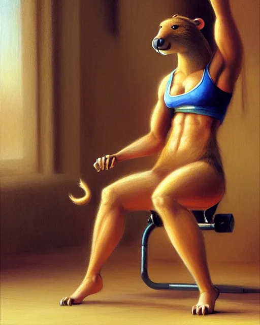 Prompt: beautiful portrait of a muscular female anthro capybara wearing a tanktop exercising in the gym. gymcore, female fursona, furry, furaffinity, 4 k devinatart. very expressive, by gaston bussiere, craig mullins