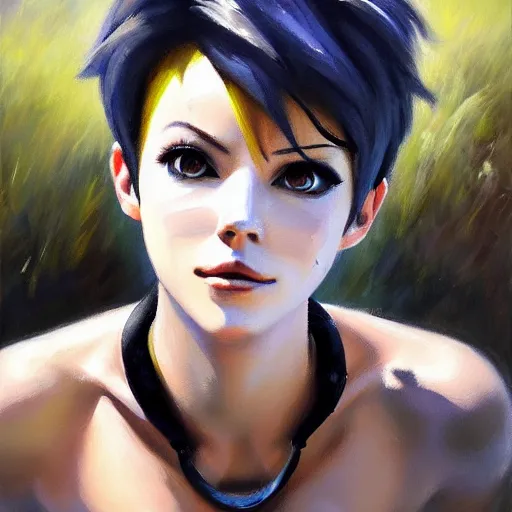 Image similar to oil painting of tracer overwatch in a field, in style of mark arian, expressive face, very detailed face, wearing large steel choker, very detailed eyes, full body, feminine face, detailed makeup on eyes,