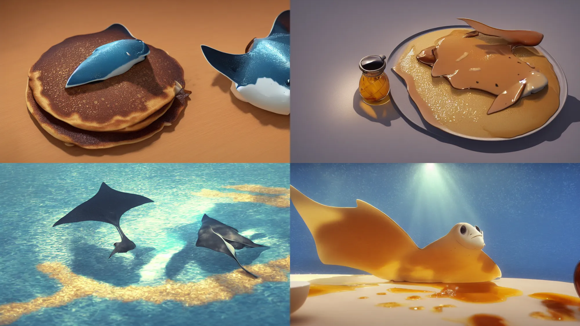 Prompt: a pancake manta ray swimming in maple syrup with butter on its back, pancake manta ray, cute, 4 k, 8 k, maple syrup fluid, fantasy food world, living food adorable pancake, golden brown atmospheric ray traced lighting, detailed award - winning beautiful lighting composition 3 d octane render, by makoto shinkai, studio ghibli