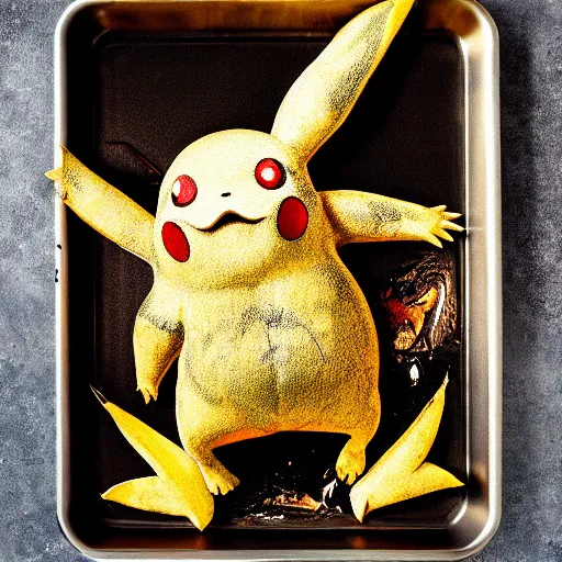 Image similar to roasted spatch pikachu in a baking tray with rosemary and thyme, cooking oil, steam, charred, ready to eat, electric sparks