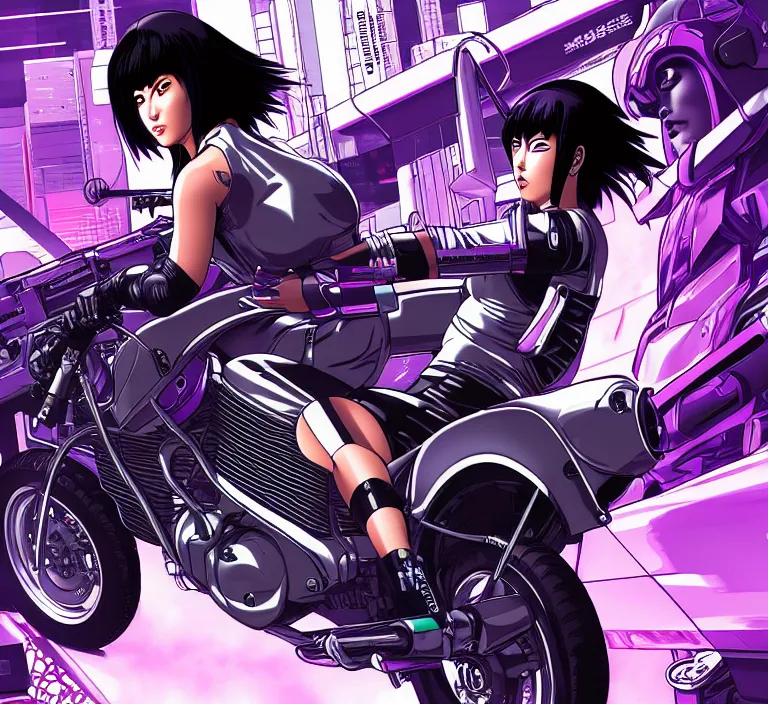 Image similar to motoko kusanagi riding a cyberpunk vehicle in a grungy cyberpunk megacity, bosozoku gang war, cyberpunk vaporwave, by phil jimenez, artgerm, sola digital arts, anti aliasing, raytracing