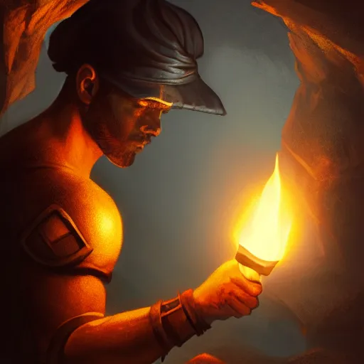 Image similar to a epic hero adventurer holding a torch in a dark cave, artgerm, realistic, cryengine, symmetric