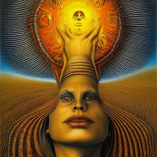 Prompt: the queen of the sun by jacek yerka, alex gray, zdzisław beksiński, dariusz zawadzki, jeffrey smith and h.r. giger, oil on canvas, 8k highly professionally detailed, trending on artstation