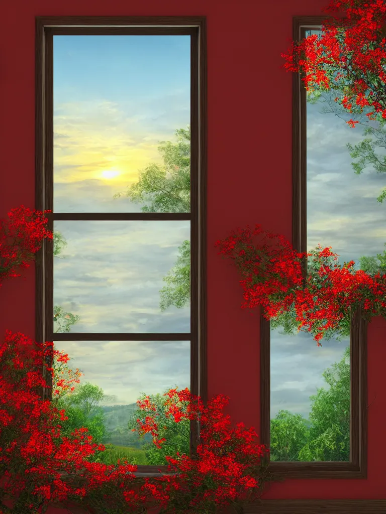 Image similar to a interior photo of a vintage house single window with view to the sunrise near some red flowers, hyperrealistic, digital painting, masterpiece, high quality, highly detailed, high coherence, path traced, serene landscape, beautiful, elegant, bloom, godrays, complementary colors, natural lighting, symmetrical, low contrast, geometrically correct