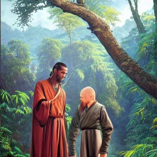 Image similar to stunning oil painting of a jedi master mentoring a jedi padawan on a lush jungle planet